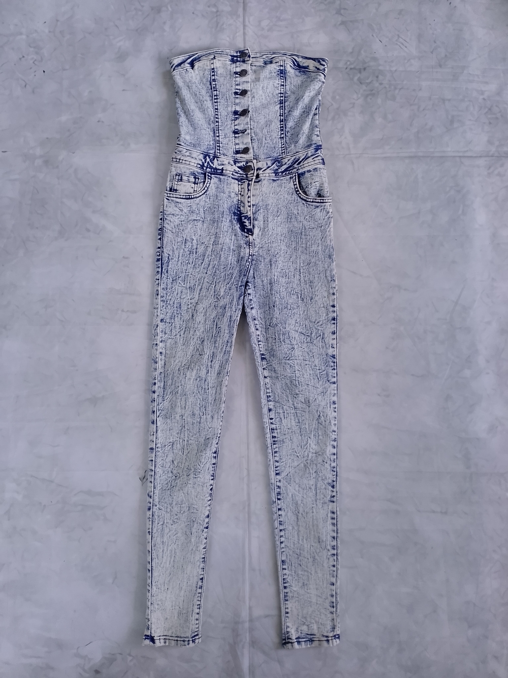 High-Waist Acid Wash Strapless Jeans Jumpsuit Light Blue GJG DENIM USA MADE